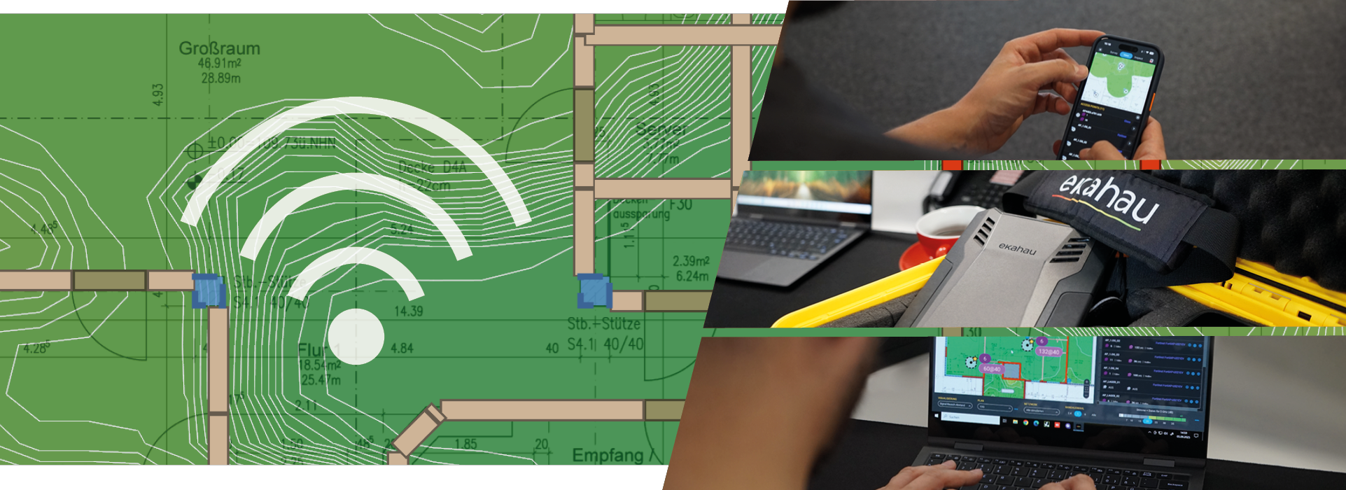 Ekahau WiFi Day Banner - mit einem Grundriss im Hintergrund und drei kompatiblen Geräten in Kacheln