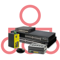 Eine kleine Gruppe von Netzwerkprodukten vor dem Netzwerk-Symbol