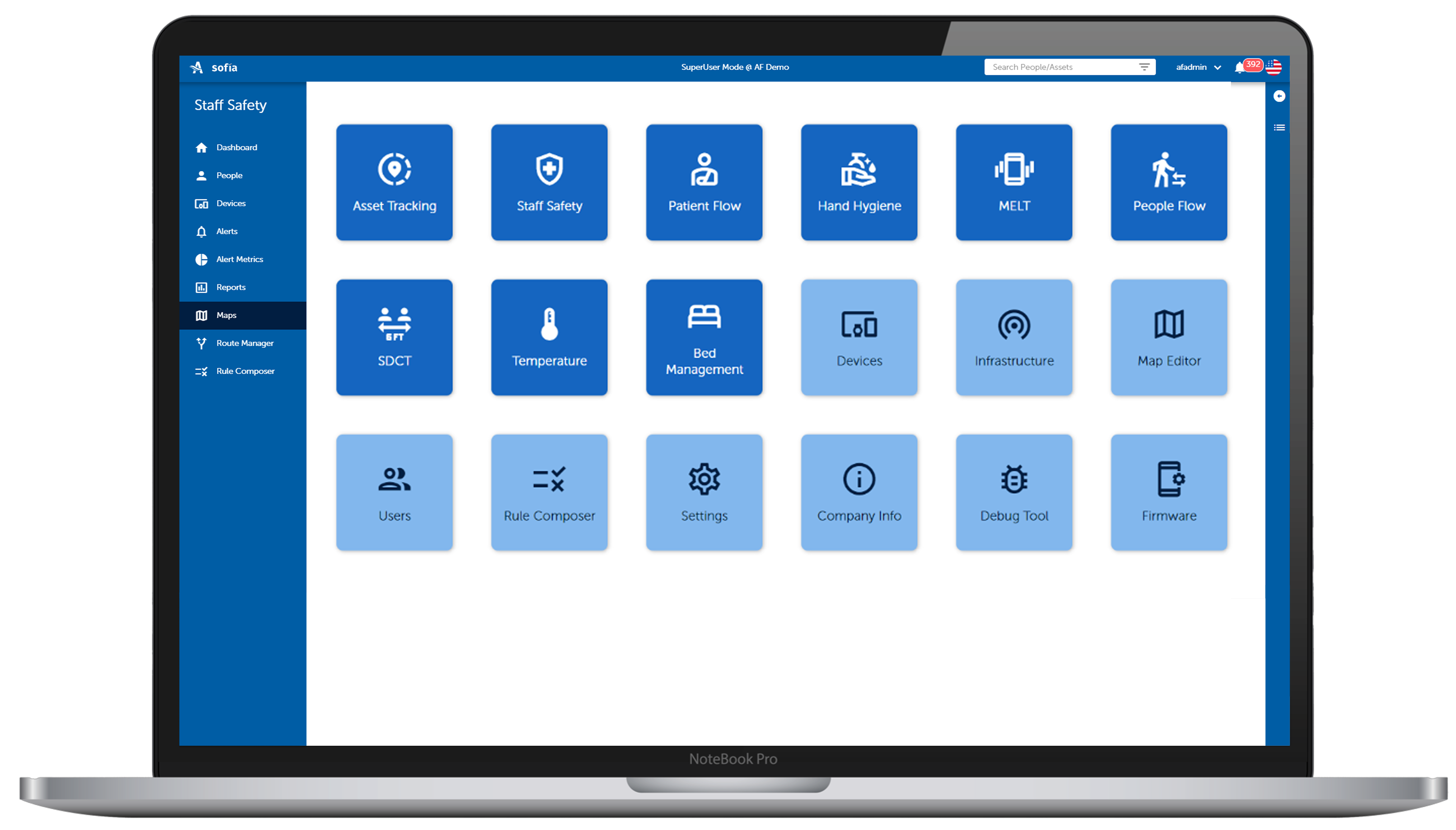 Laptop displaying a dashboard of the Sofia RTLS platform