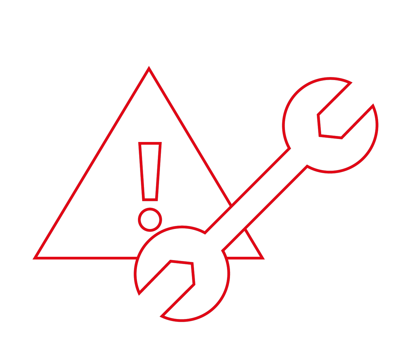 Einfaches Symbol eines Schraubenschlüssels vor einem Warnschild mit Ausrufezeichen