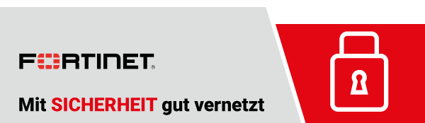 Fortinet logo and a security slogan with a closing symbol