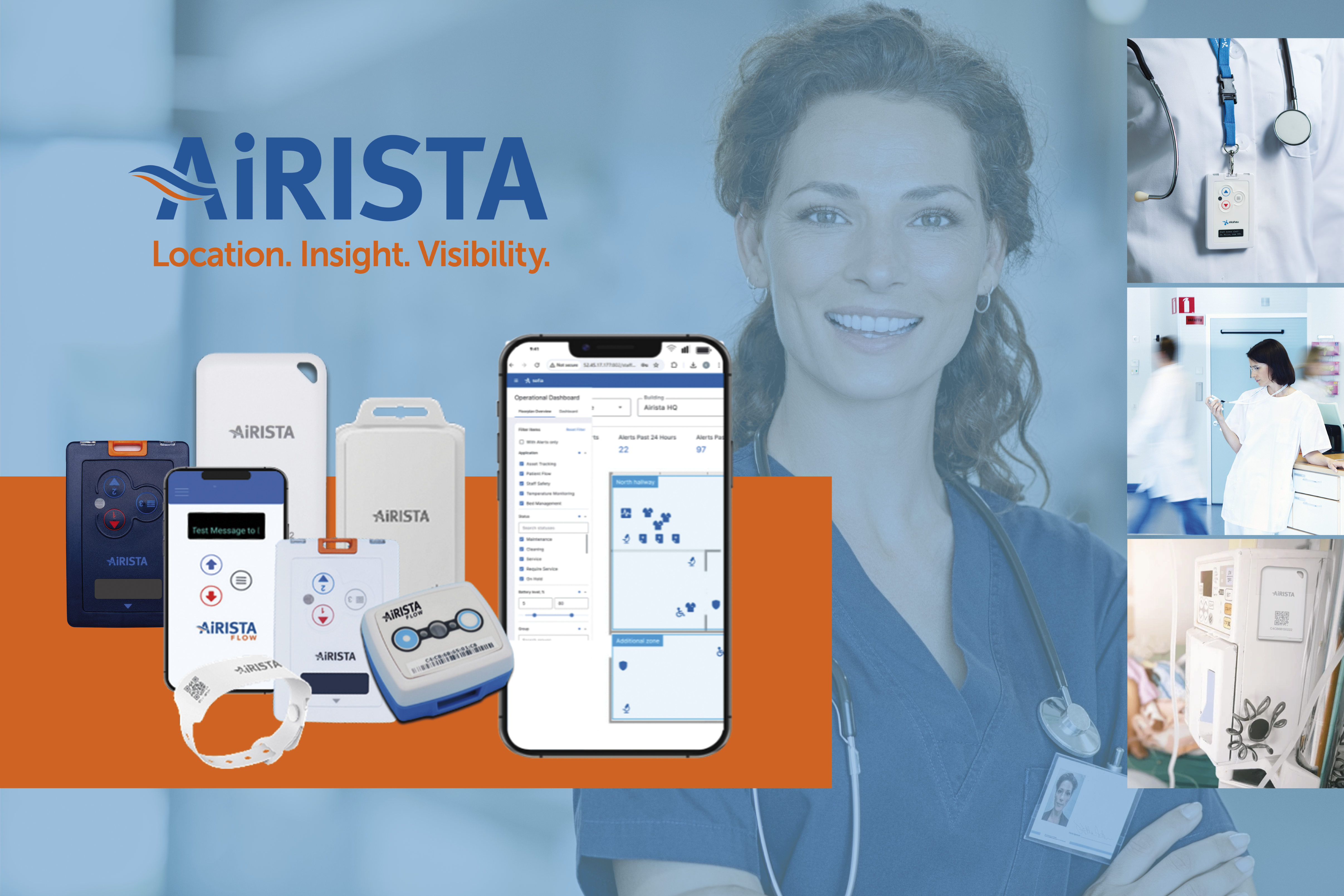 AiRISTA-Produktübersicht: Ortungs-Tags, Armband, Notruf-Gerät und Dashboard-App mit lächelnder Pflegerin im Hintergrund